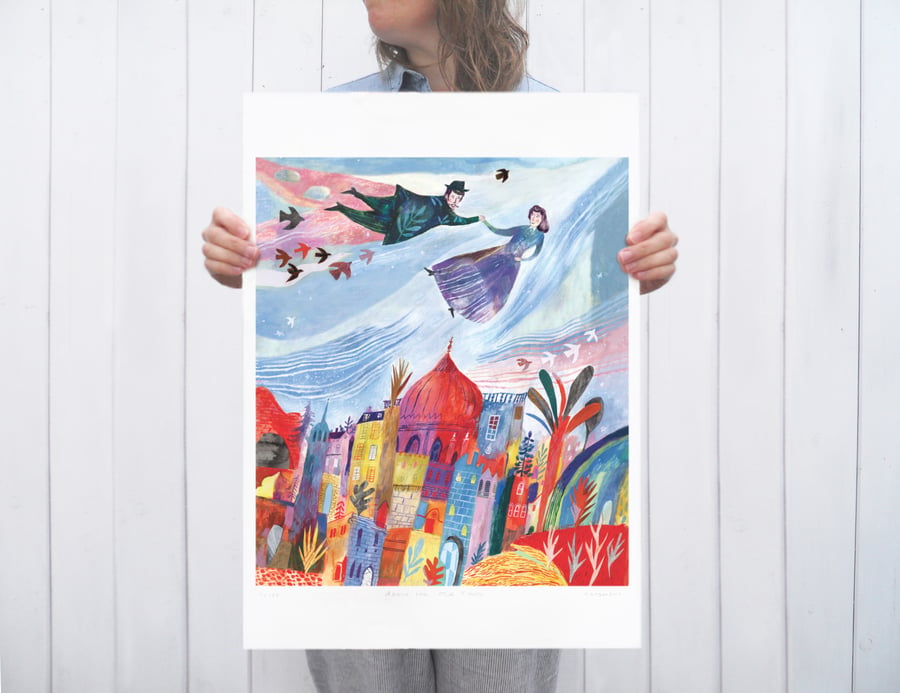 Illustration art print Above the Old Town A2 large format Giclee print