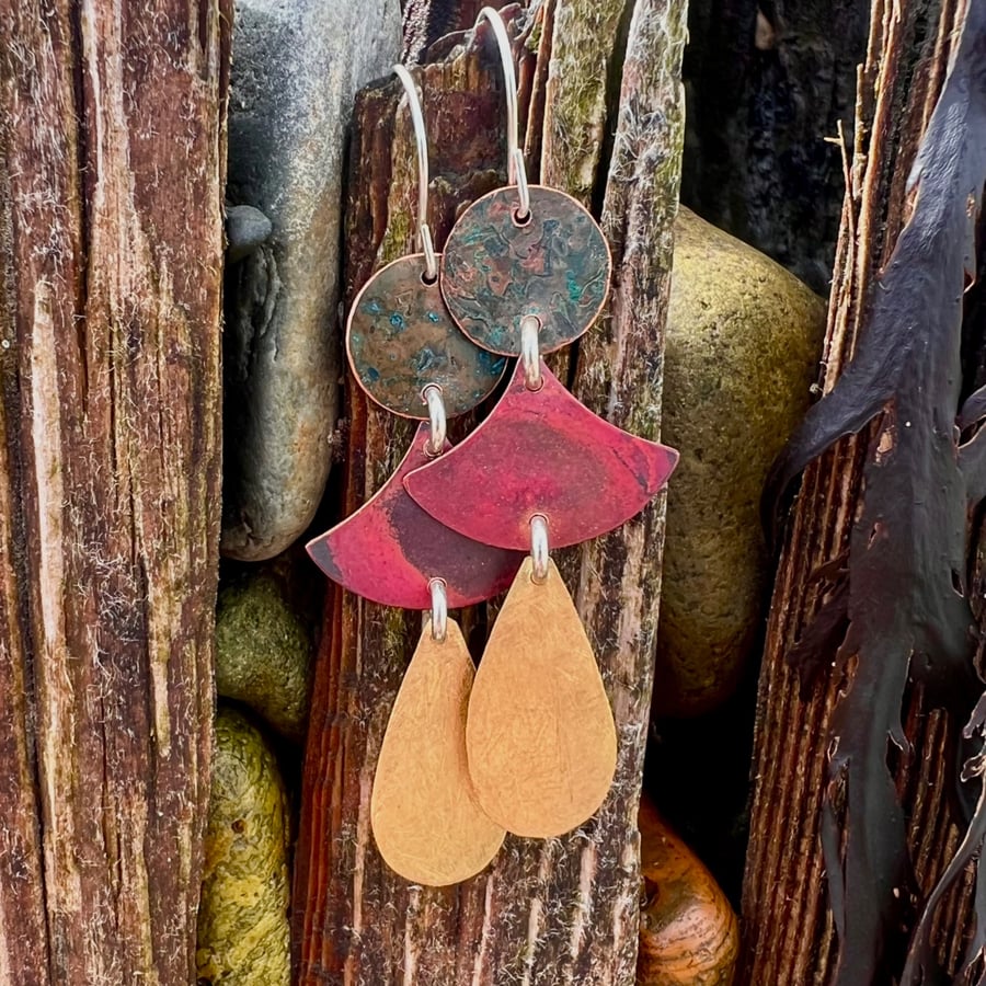 Brass,Red Copper and Verdigris Dangle Earrings