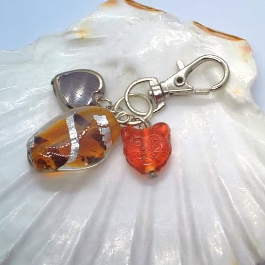Golden Brown Cat Bead Lampwork Bead and Ceramic Heart Bag Charm, Gift for Her