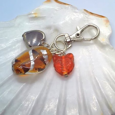 Golden Brown Cat Bead Lampwork Bead and Ceramic Heart Bag Charm, Gift for Her