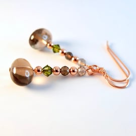 Smoky Quartz Earrings With Swarovski Crystals And Copper - Handmade In Devon
