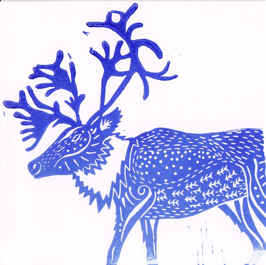 X3 HANDPRINTED CHRISTMAS CARDS - Caribou - 2 blue 1 red