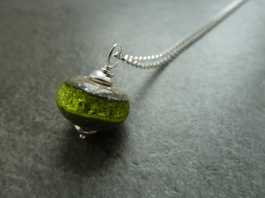 sterling silver chain, green lampwork glass pendant