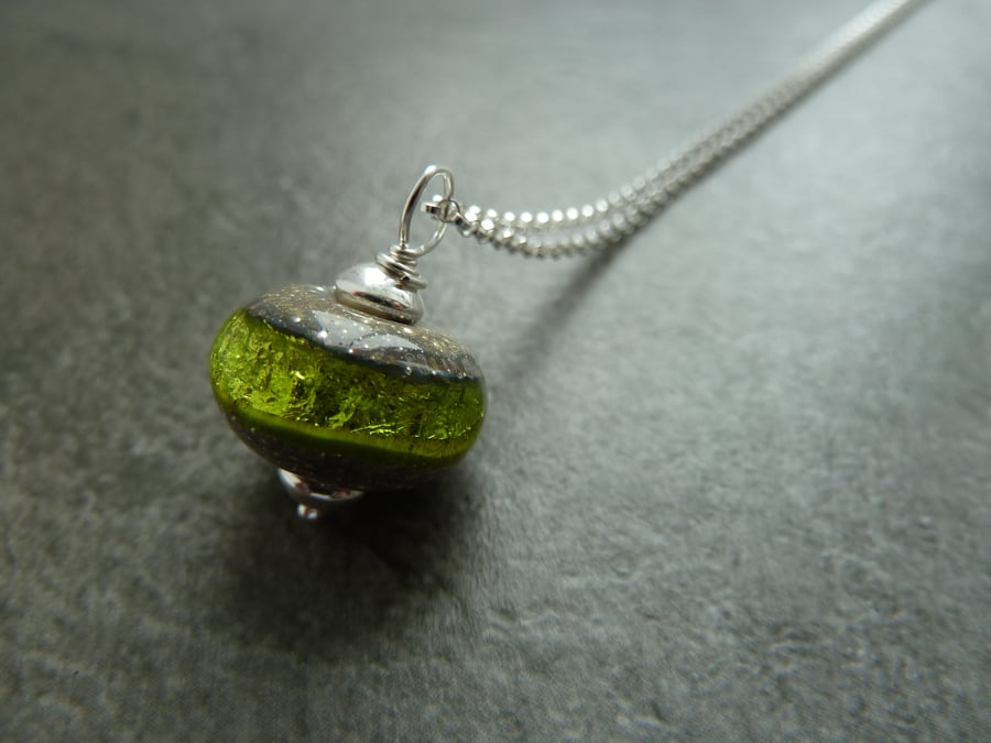 sterling silver chain, green lampwork glass pendant