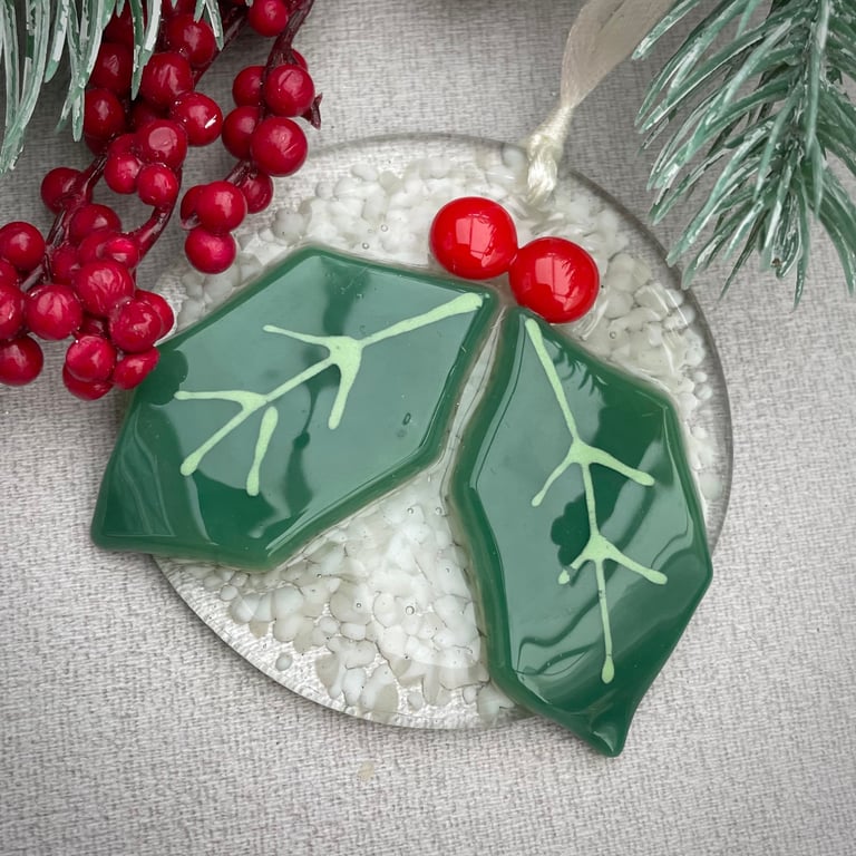 Holly Sprig glass Christmas decoration