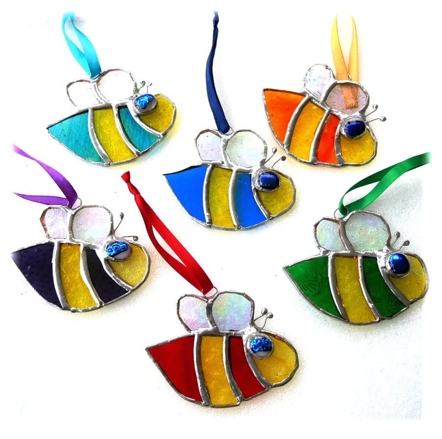Bee Mini Suncatcher Stained Glass Handmade Orange