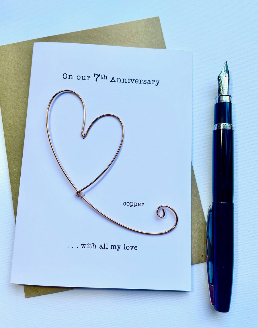 7th Wedding Anniversary Card COPPER Wire Heart 7 Years 