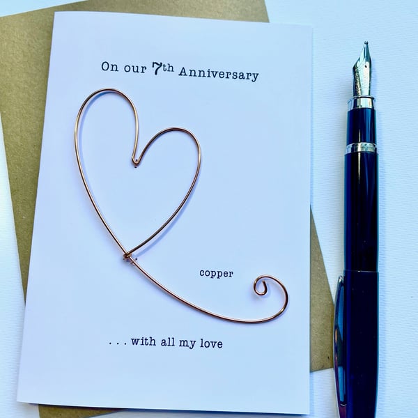 7th Wedding Anniversary Card COPPER Wire Heart 7 Years 