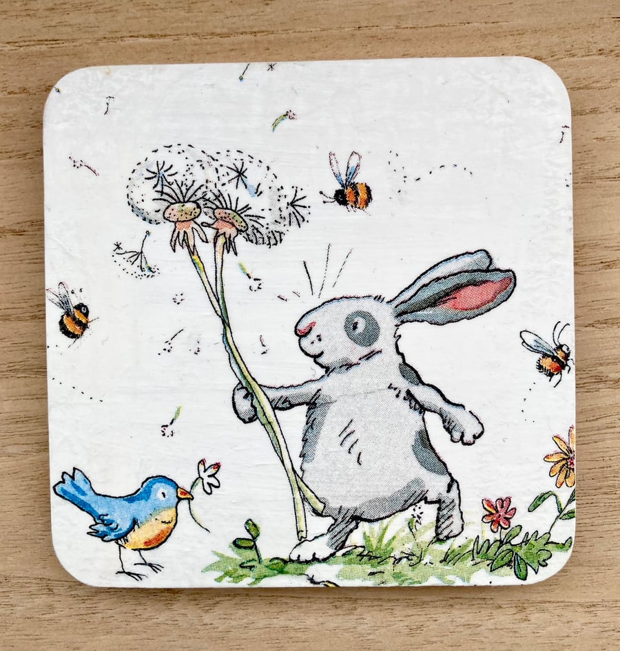 Set of 2 Cute Rabbit Coasters Handcrafted House Warming Gift