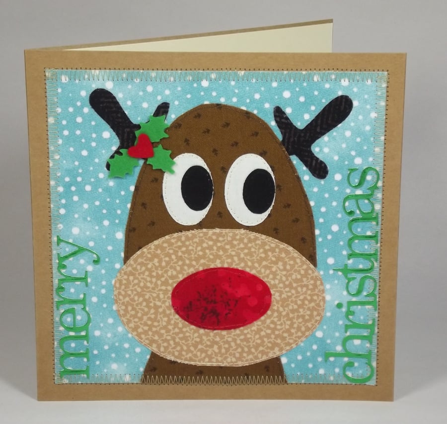 Rudolf The Red Nosed Reindeer Fabric Christmas Greetings Card