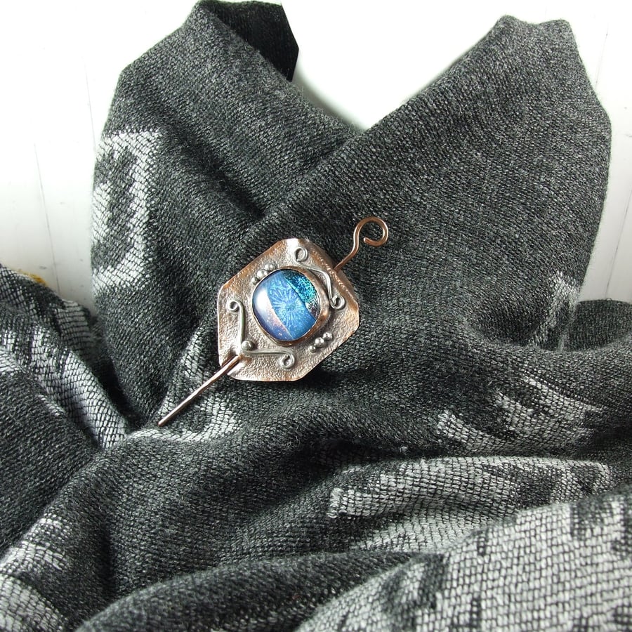 Shawl Pin Brooch. Copper with Artisan Blue Dichroic Glass Cabachon