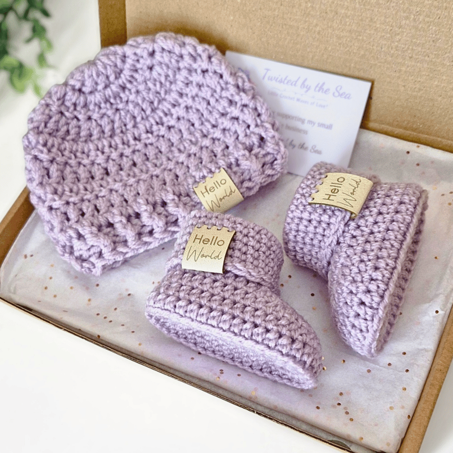 Hello World Baby Hat and Booties Set - Crochet New Baby Gift