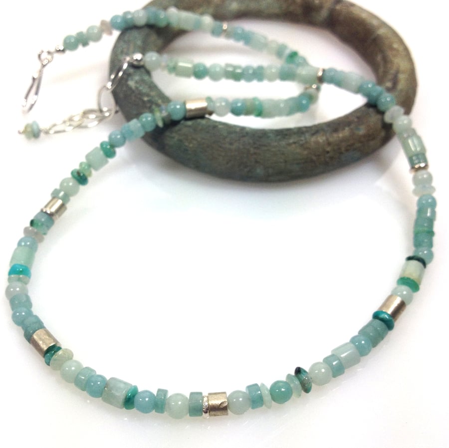 Silver amazonite and peruvian opal necklace