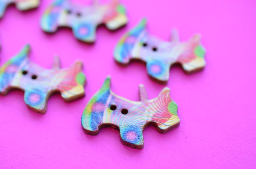 Wooden Scottie Dog Buttons Colourful Psychedelic 6pk 28x20mm Scotty Puppy (DG21)