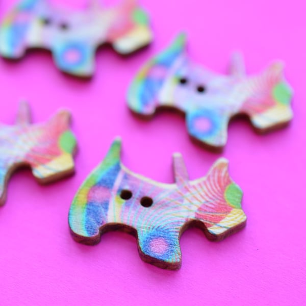 Wooden Scottie Dog Buttons Colourful Psychedelic 6pk 28x20mm Scotty Puppy (DG21)