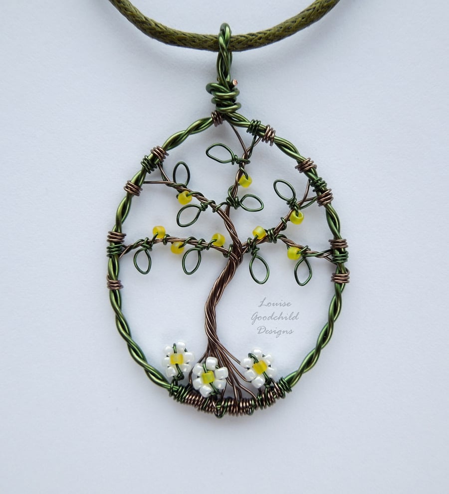Tree of life with daisies, pendant necklace, unique wearable wire art