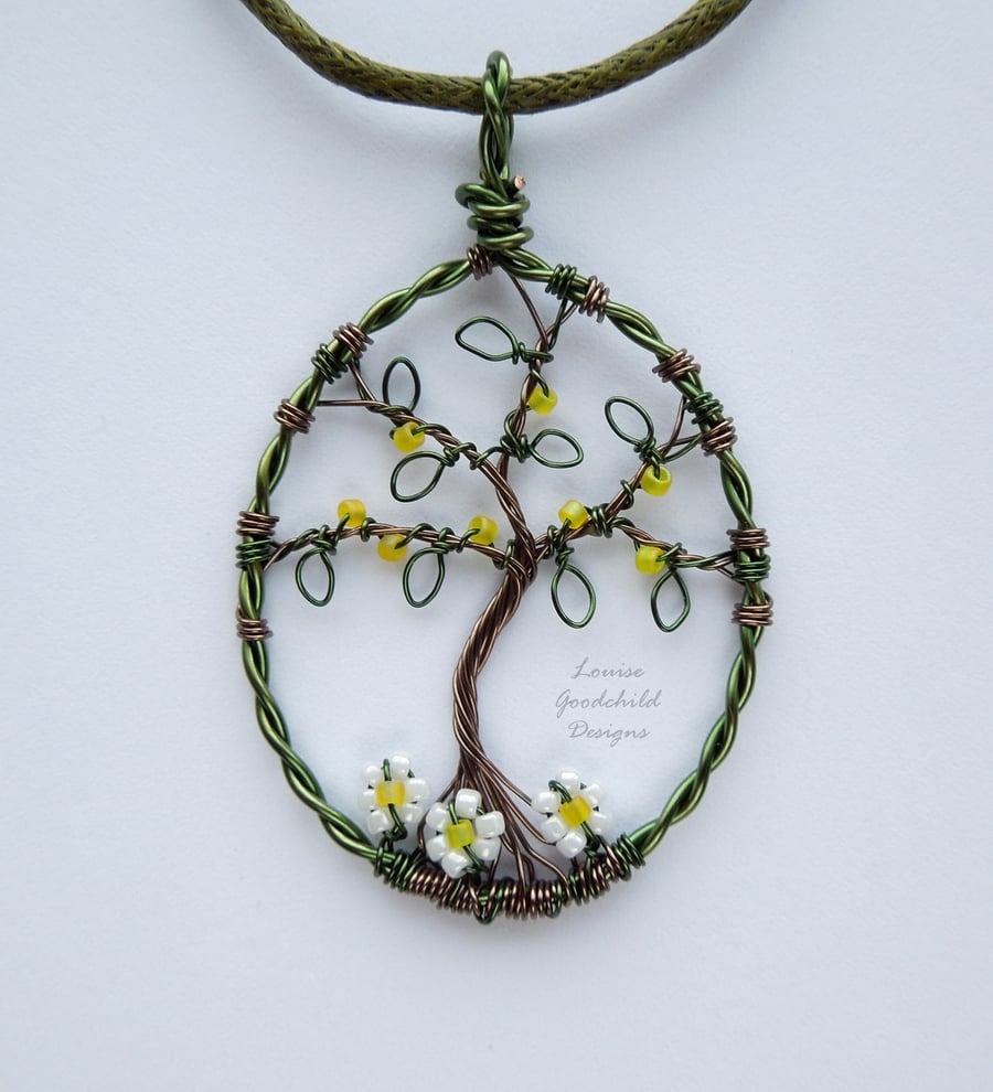 Tree of life with daisies, pendant necklace, unique wearable wire art