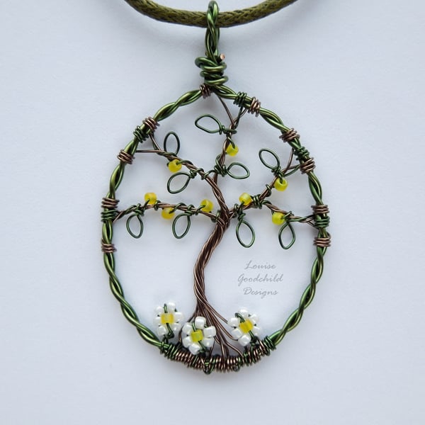 Tree of life with daisies, pendant necklace, unique wearable wire art