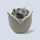 White trinket pot with silver rose lid - handmade jewellery box or keepsake pot