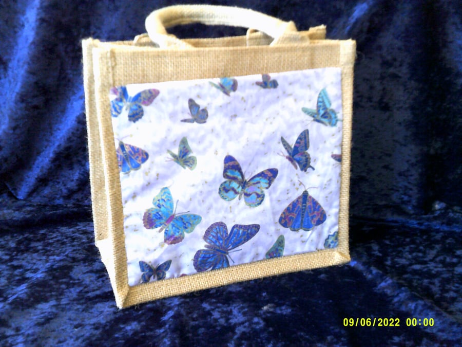 Small Jute Bag with Fabric Pocket with Blue Butterflies