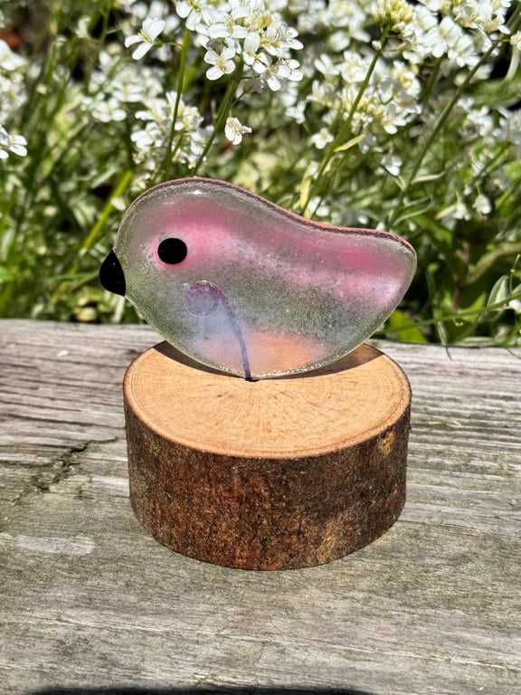 Fused Glass Bird on Wooden Log Handmade Glass Bird Sculpture Unique Nature-Inspi