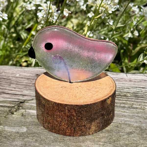 Fused Glass Bird on Wooden Log Handmade Glass Bird Sculpture Unique Nature-Inspi
