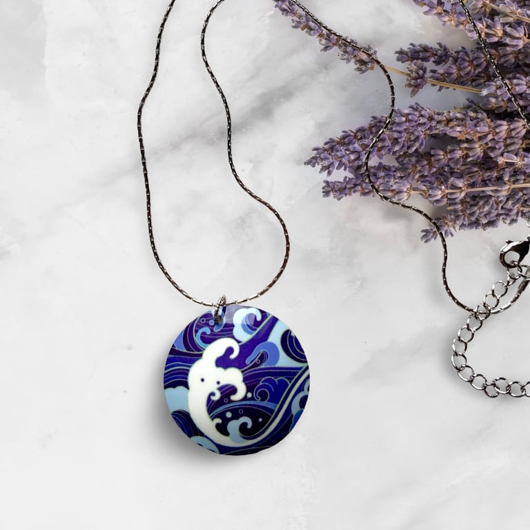 SALE ocean blue necklace, 32mm sea wave disc pendant. Perfectly imperfect