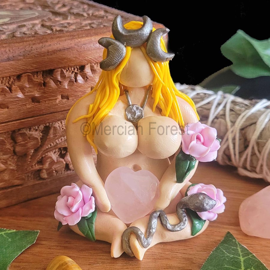 Sitting Goddess Figurine, Handmade Pagan Decoration Triple Moon Roses 