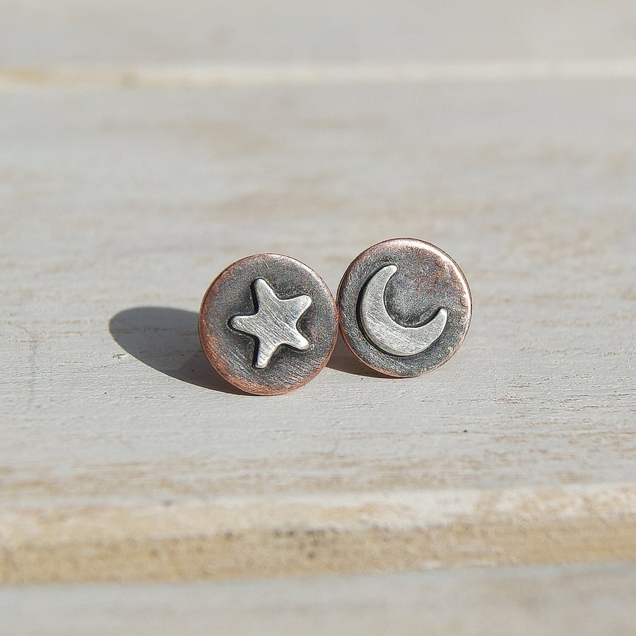 Star and Moon Studs, Copper and Silver Stud Earrings, Oxidised Jewellery