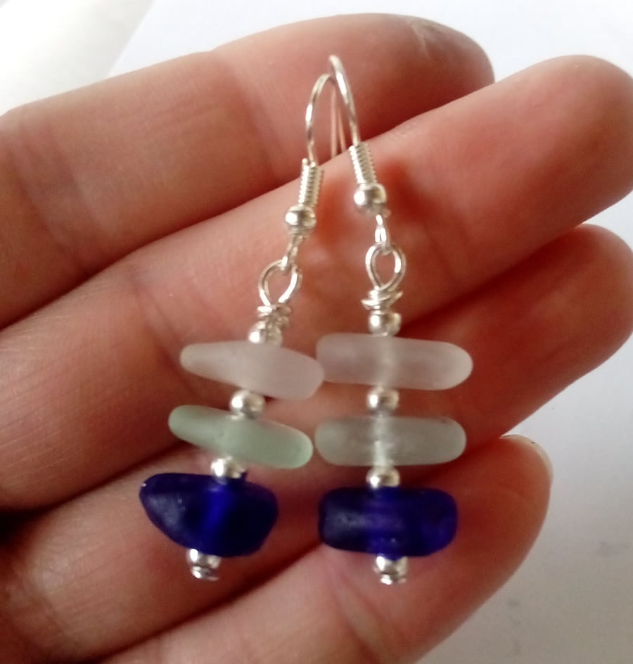 Blue seaglass drop earrings with silver plated ear wires