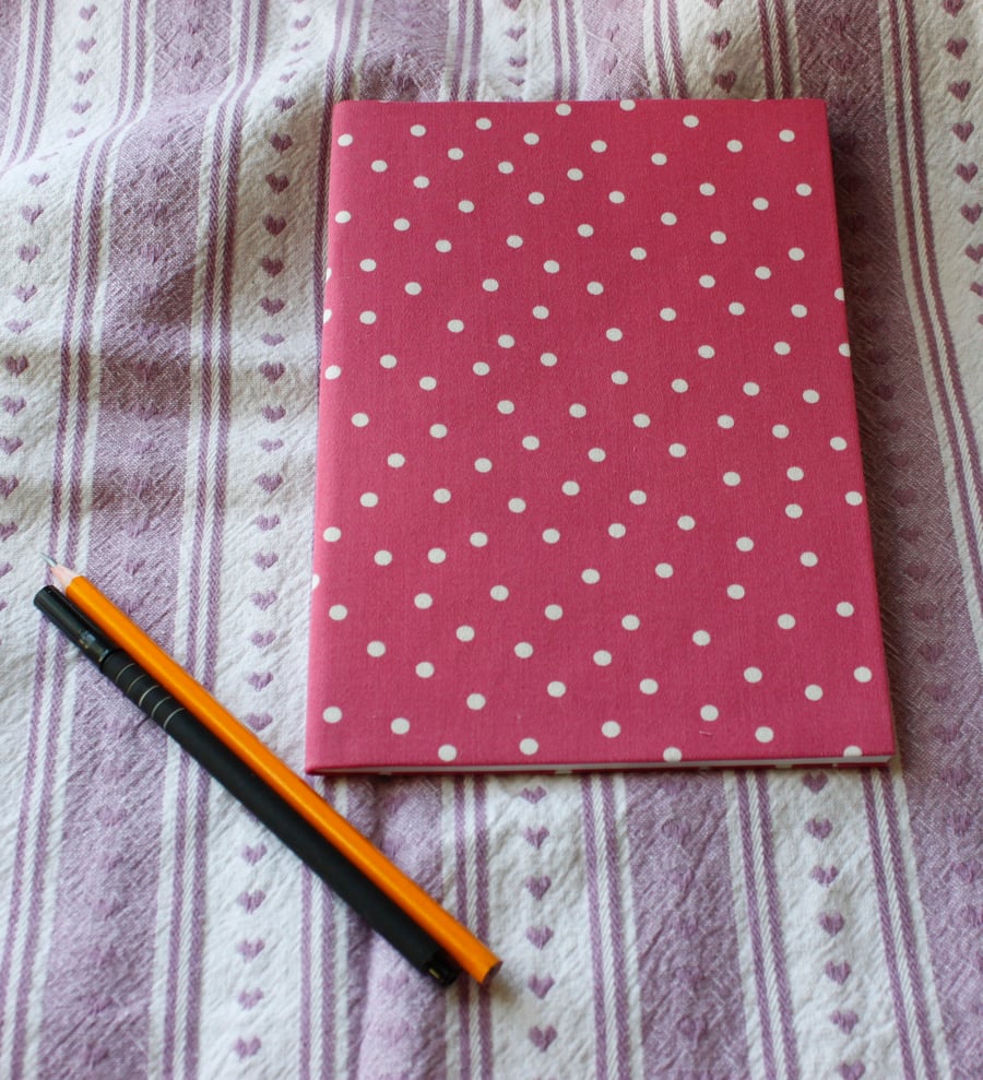 Fabric covered notebook or sketch pad - pink with white spots