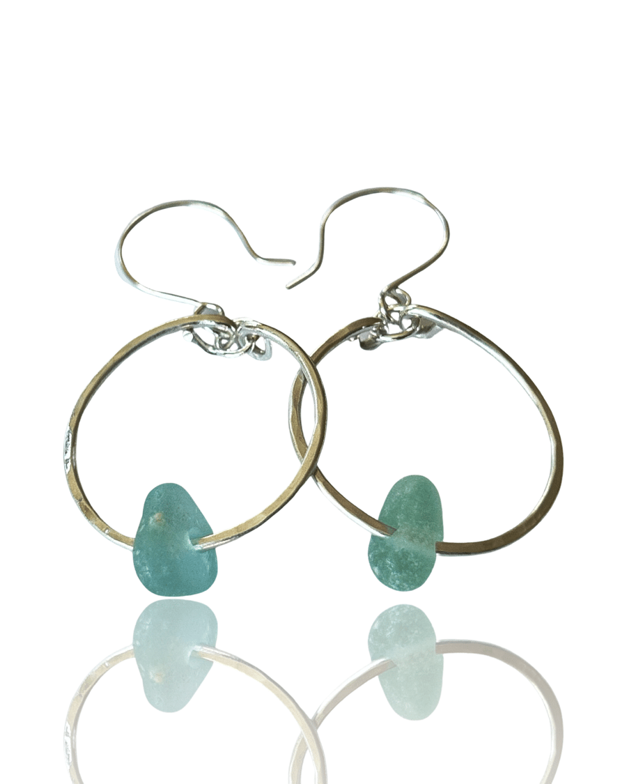Bohemian Silver Hoop Sea Glass Earrings 