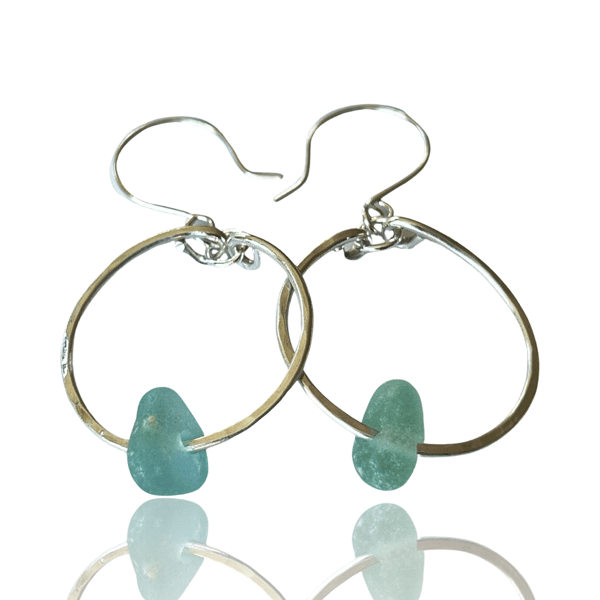 Bohemian Silver Hoop Sea Glass Earrings 