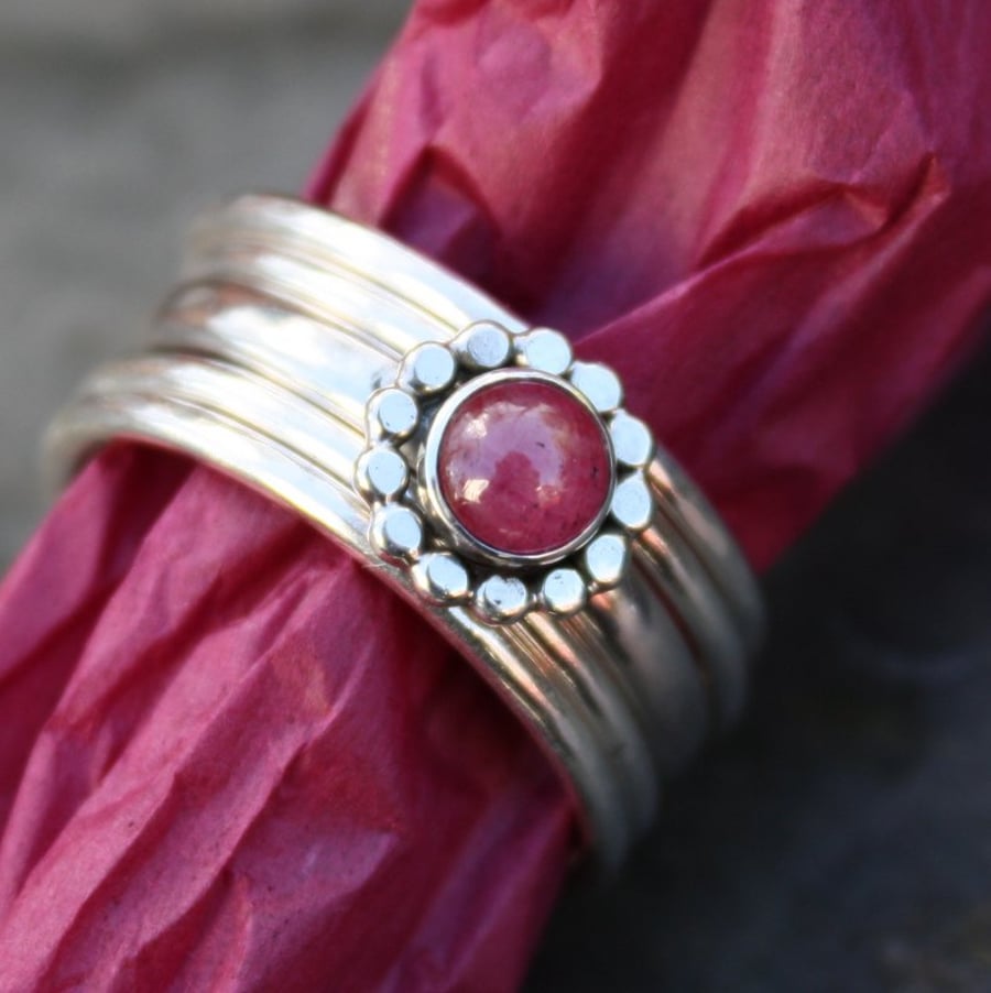 Sterling silver and ruby flower stacking rings