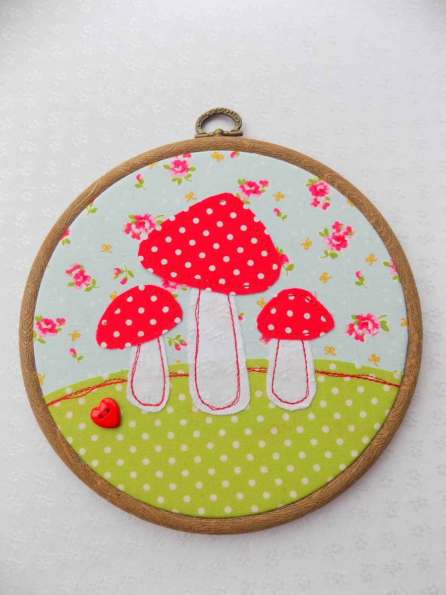 Handmade Embroidery Hoop Stitched Picture With Toastools Spots Floral Fabrics