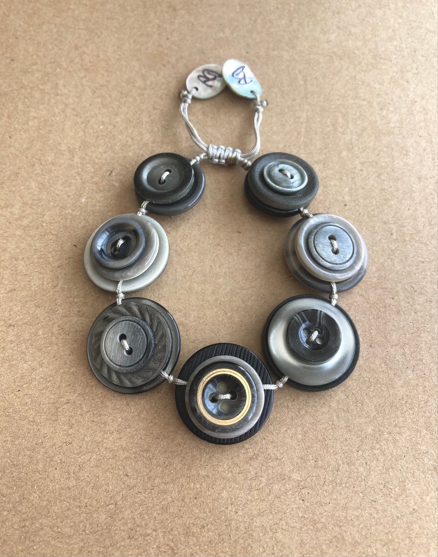 Grey Tones Colour Theme - Vintage Button Adjustable Handmade Bracelet 