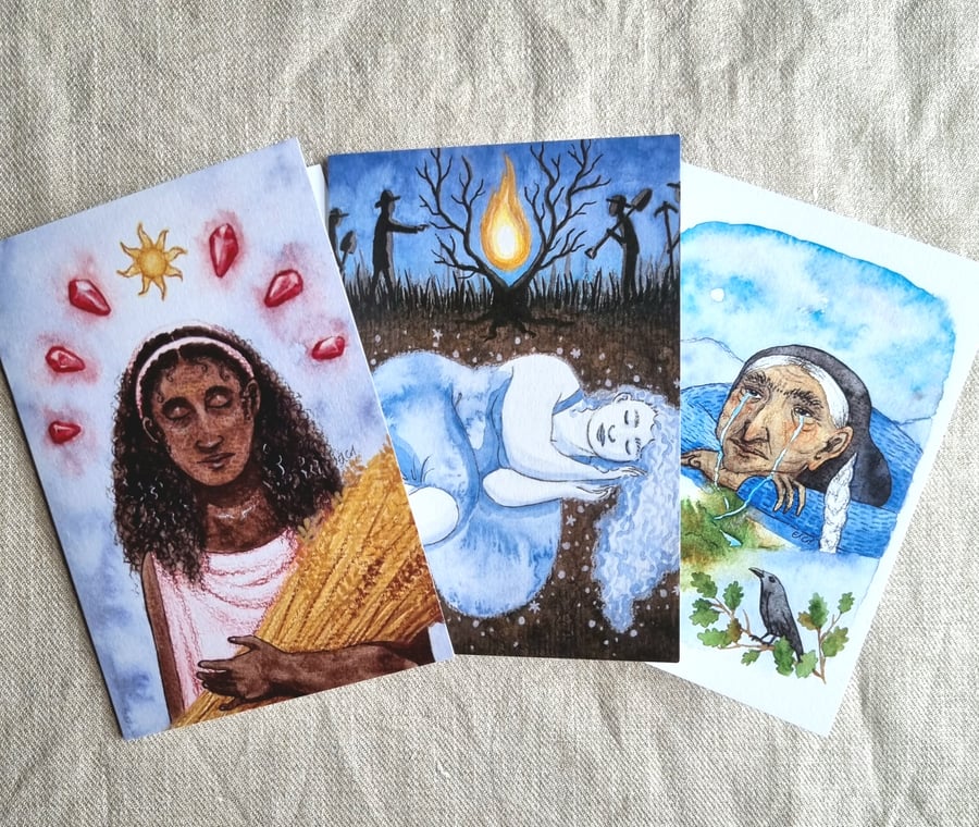 Set of 3 watercolour greetings cards, myth and folklaw designs