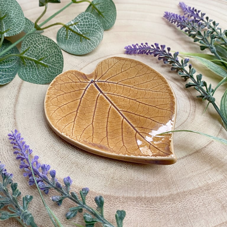 Handmade Small  Amber Ceramic Leaf Trinket Ring Dish