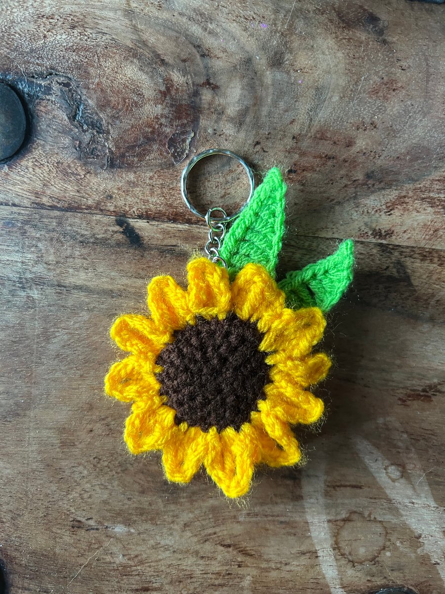 Crochet Sunflower Keyring Bag Charm – Orange & Green