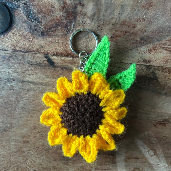 Crochet Sunflower Keyring Bag Charm – Orange & Green
