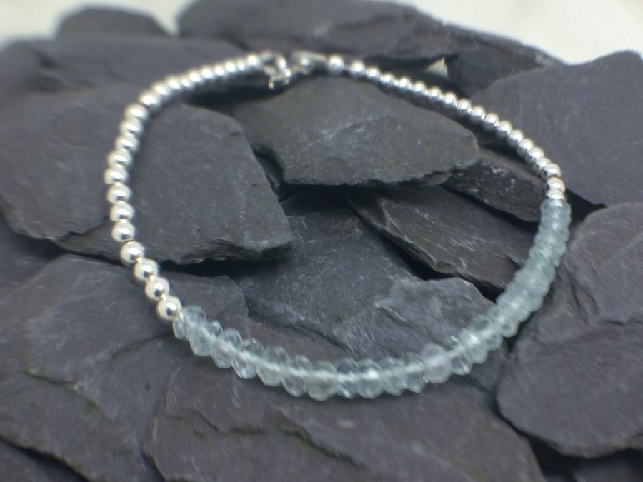 Blue Aquamarine Sterling Silver Beaded Ball Bracelet, Gemstone Bar Bracelet