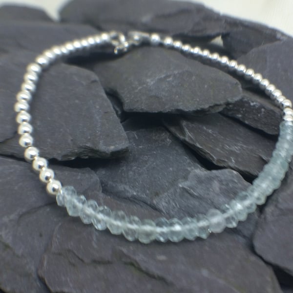 Blue Aquamarine Sterling Silver Beaded Ball Bracelet, Gemstone Bar Bracelet