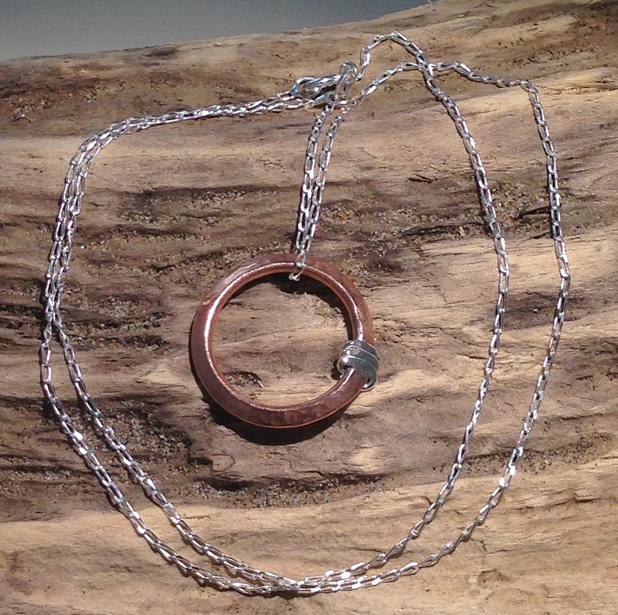  Handmade Copper and Sterling Silver Hoop Pendant Necklace - UK Free Post