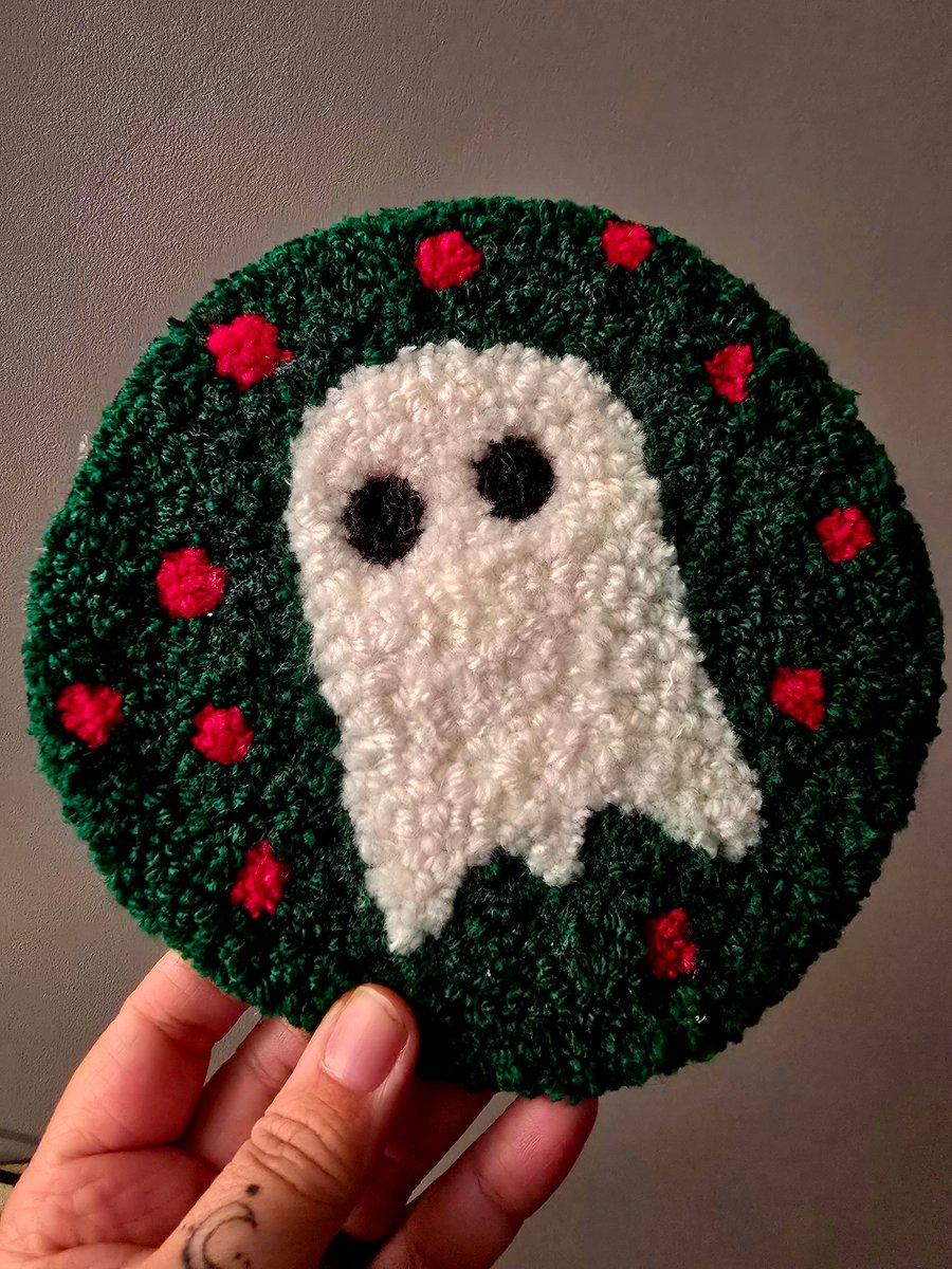 Cute Spook Punch Needle Christmas Ghost large coaster or Desk rug
