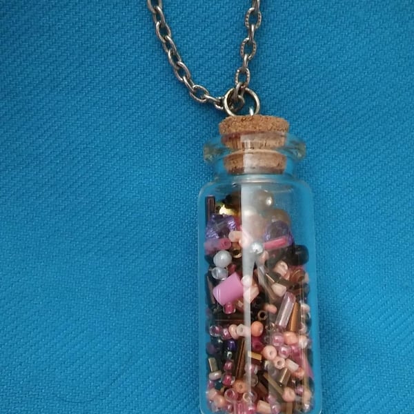 Hand made Bead Filled Mini Bottle Pendant Necklace