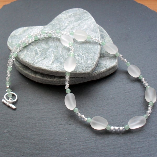 Frosted White Quartz Green Aventurine and Glass Bead silver plated Necklace