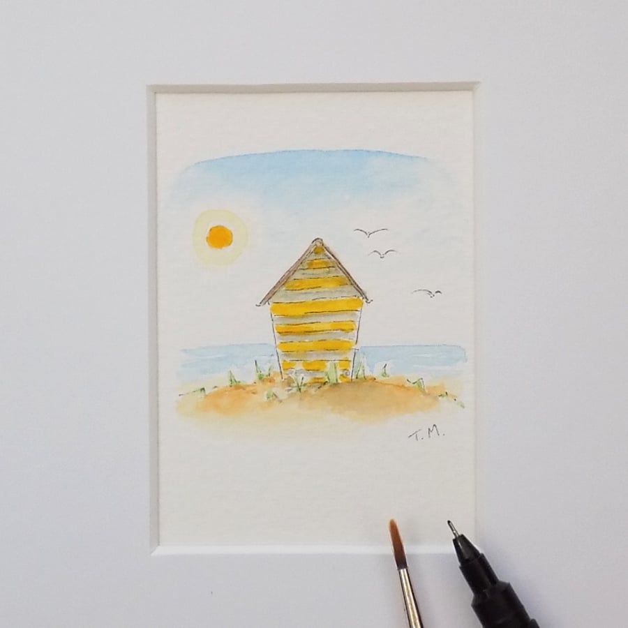 Miniature Watercolour Seaside Painting 'By the Sea'  5.5 cm x 5.5 cm