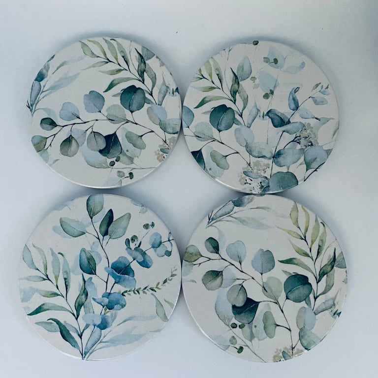 Eucalyptus ceramic coasters, set of 4 decoupage round coasters