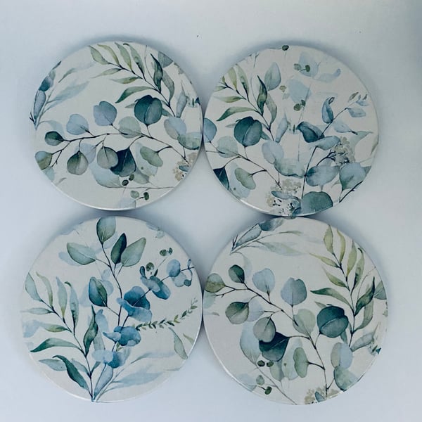 Eucalyptus ceramic coasters, set of 4 decoupage round coasters