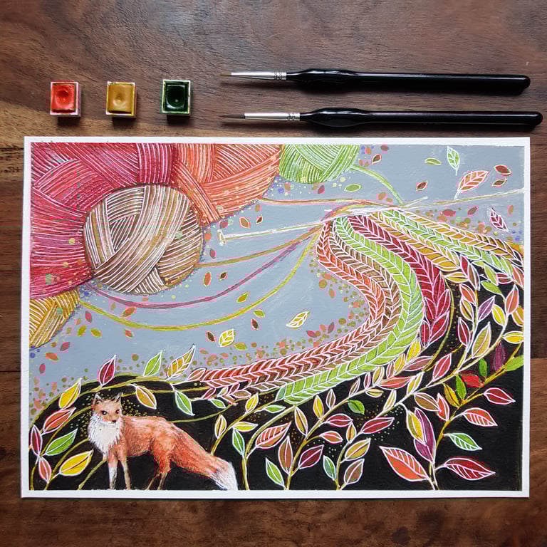 Fox on an autumn path original art 